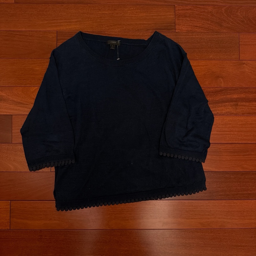 J. Crew Navy Blue Cropped Sweater with Pom Trim
